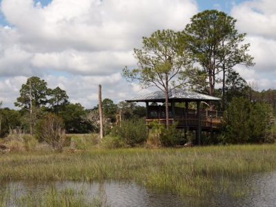 [Metal roofed raised wooden platform standing on stilts in the marsh water.]